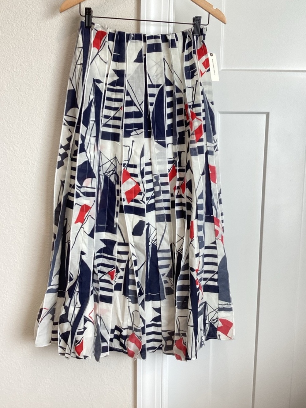 ⛵️Anthropologie Piped Midi Skirt Maeve New Medium Petite Novelty Sailboat Navy - Picture 4 of 14